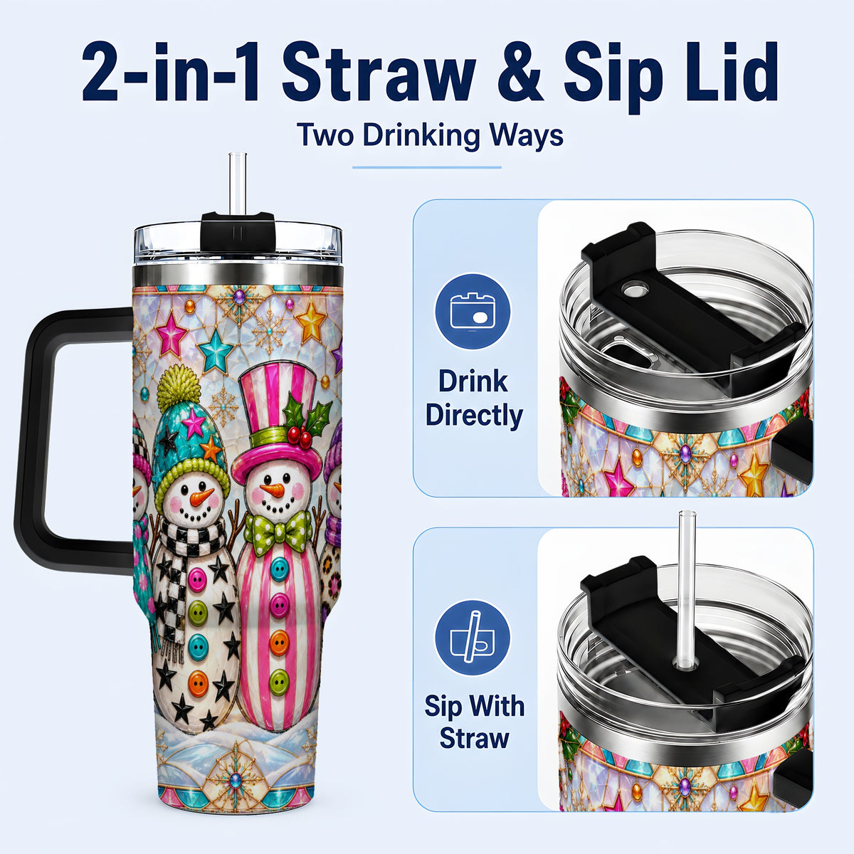 #pl[40oz|Black] Colorful Snowman 40oz Tumbler with Handle, Christmas Travel Cup