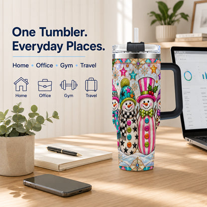 #pl[40oz|Black] Colorful Snowman 40oz Tumbler with Handle, Christmas Travel Cup