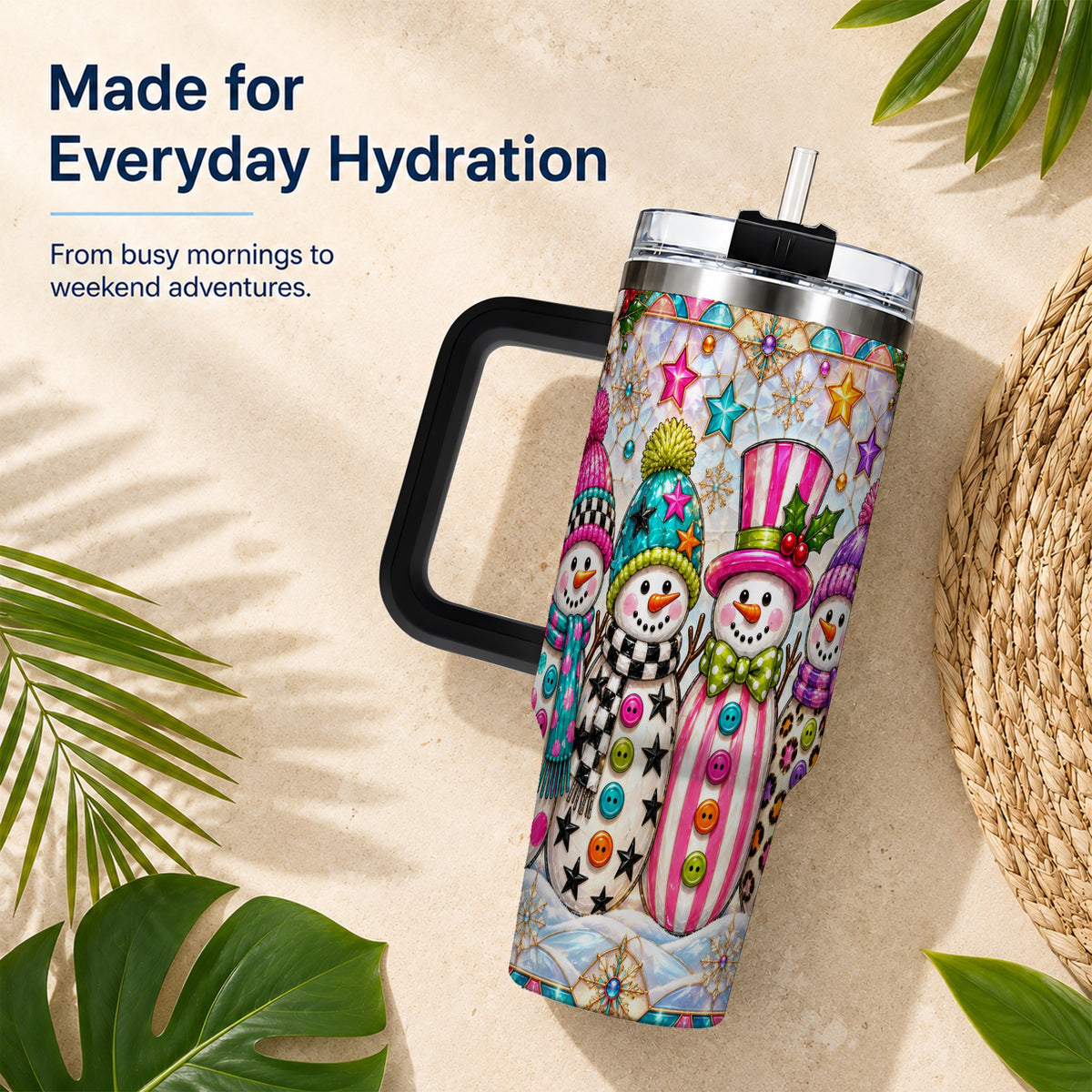 #pl[40oz|Black] Colorful Snowman 40oz Tumbler with Handle, Christmas Travel Cup