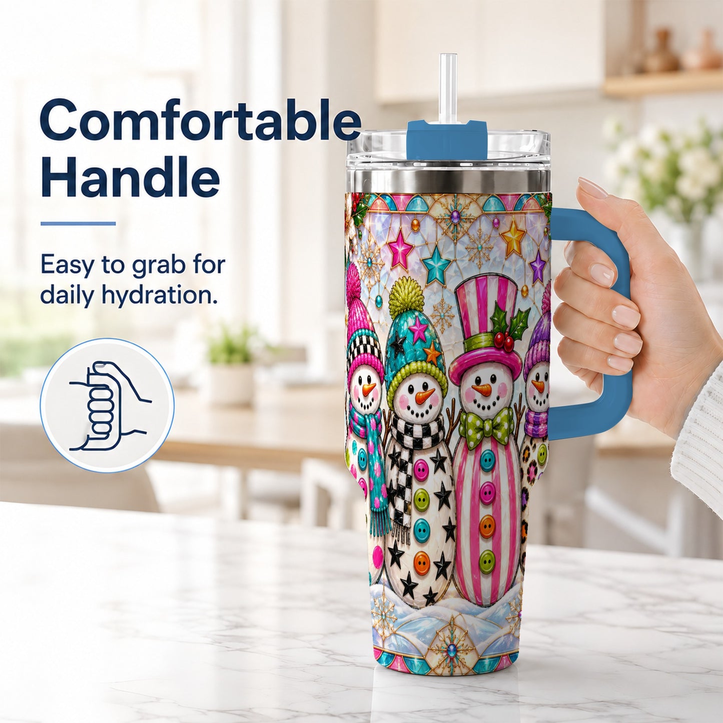 #pl[40oz|Blue] Colorful Snowman 40oz Tumbler with Handle, Christmas Travel Cup