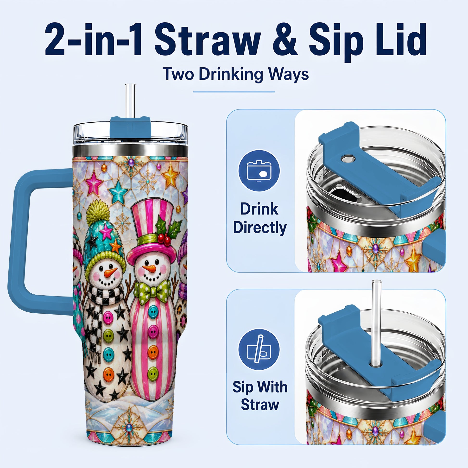 #pl[40oz|Blue] Colorful Snowman 40oz Tumbler with Handle, Christmas Travel Cup