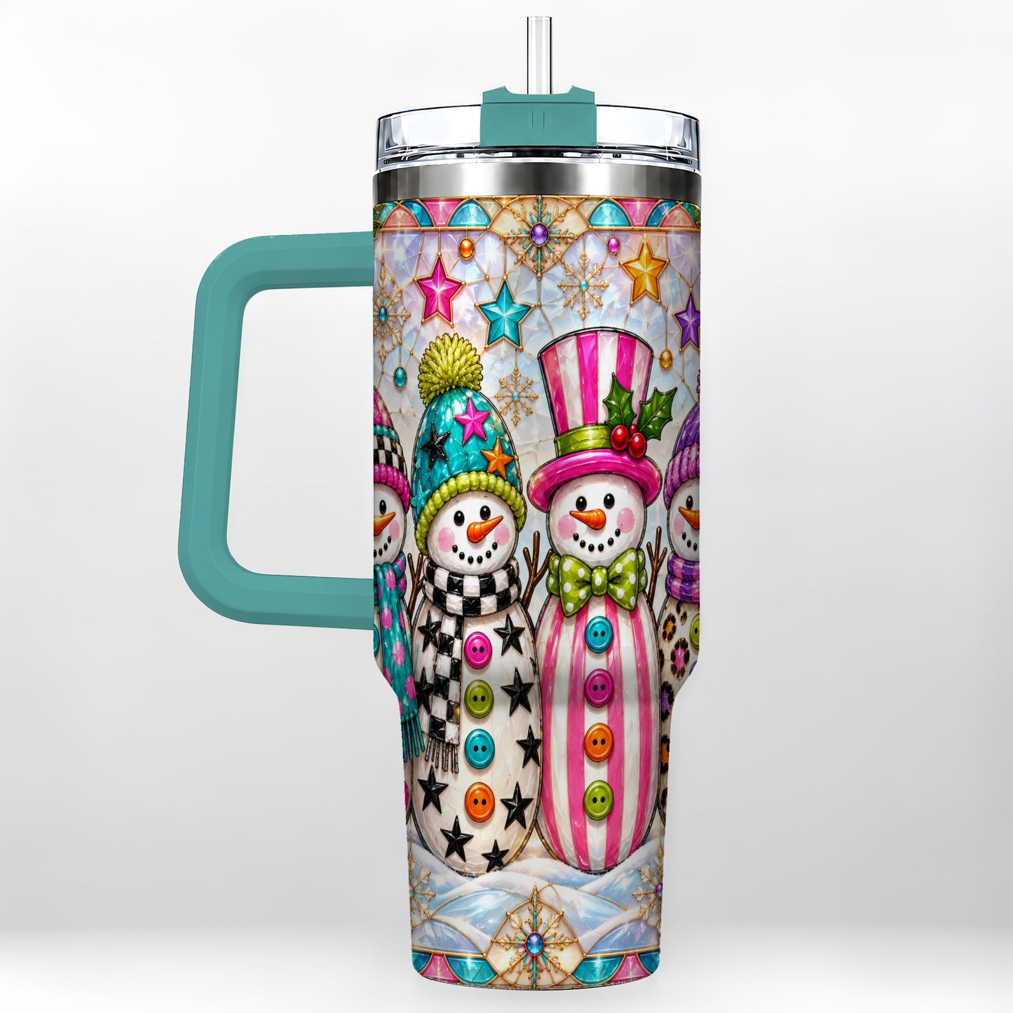 #pl[40oz|Green] Colorful Snowman 40oz Tumbler with Handle, Christmas Travel Cup