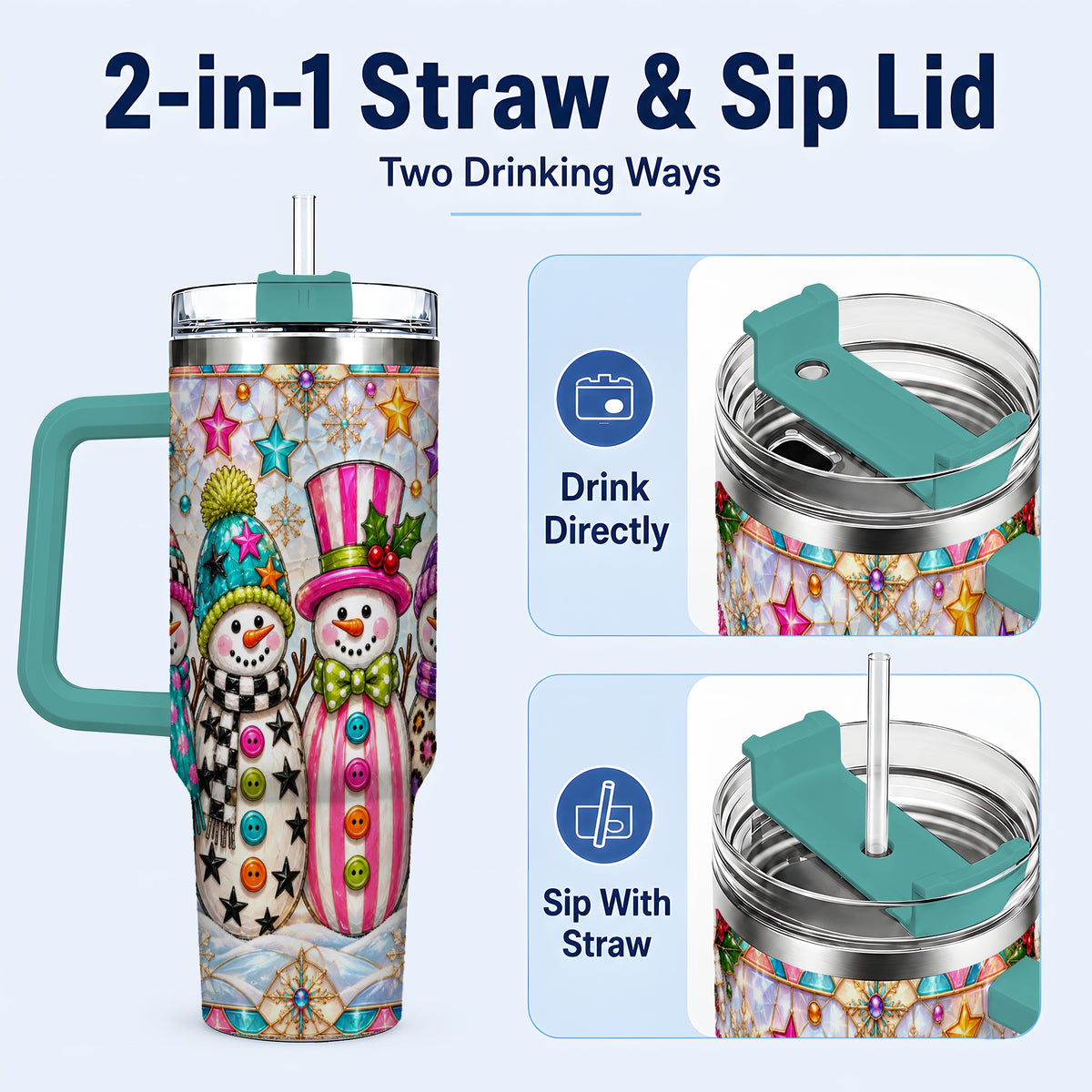 #pl[40oz|Green] Colorful Snowman 40oz Tumbler with Handle, Christmas Travel Cup