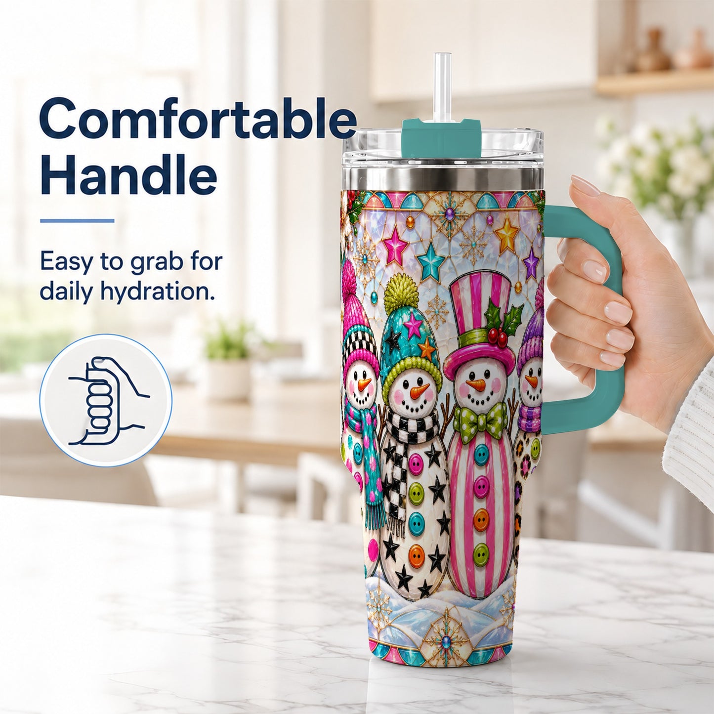 #pl[40oz|Green] Colorful Snowman 40oz Tumbler with Handle, Christmas Travel Cup