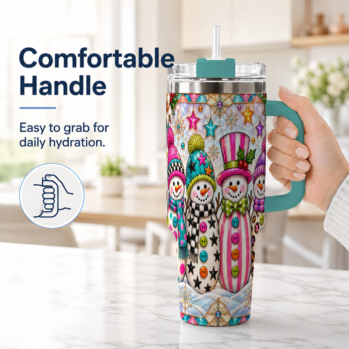 #pl[40oz|Green] Colorful Snowman 40oz Tumbler with Handle, Christmas Travel Cup