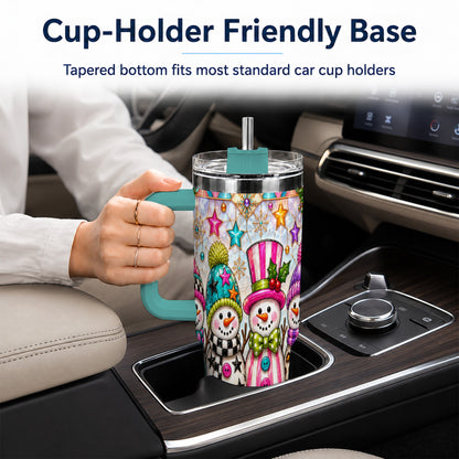 #pl[40oz|Green] Colorful Snowman 40oz Tumbler with Handle, Christmas Travel Cup