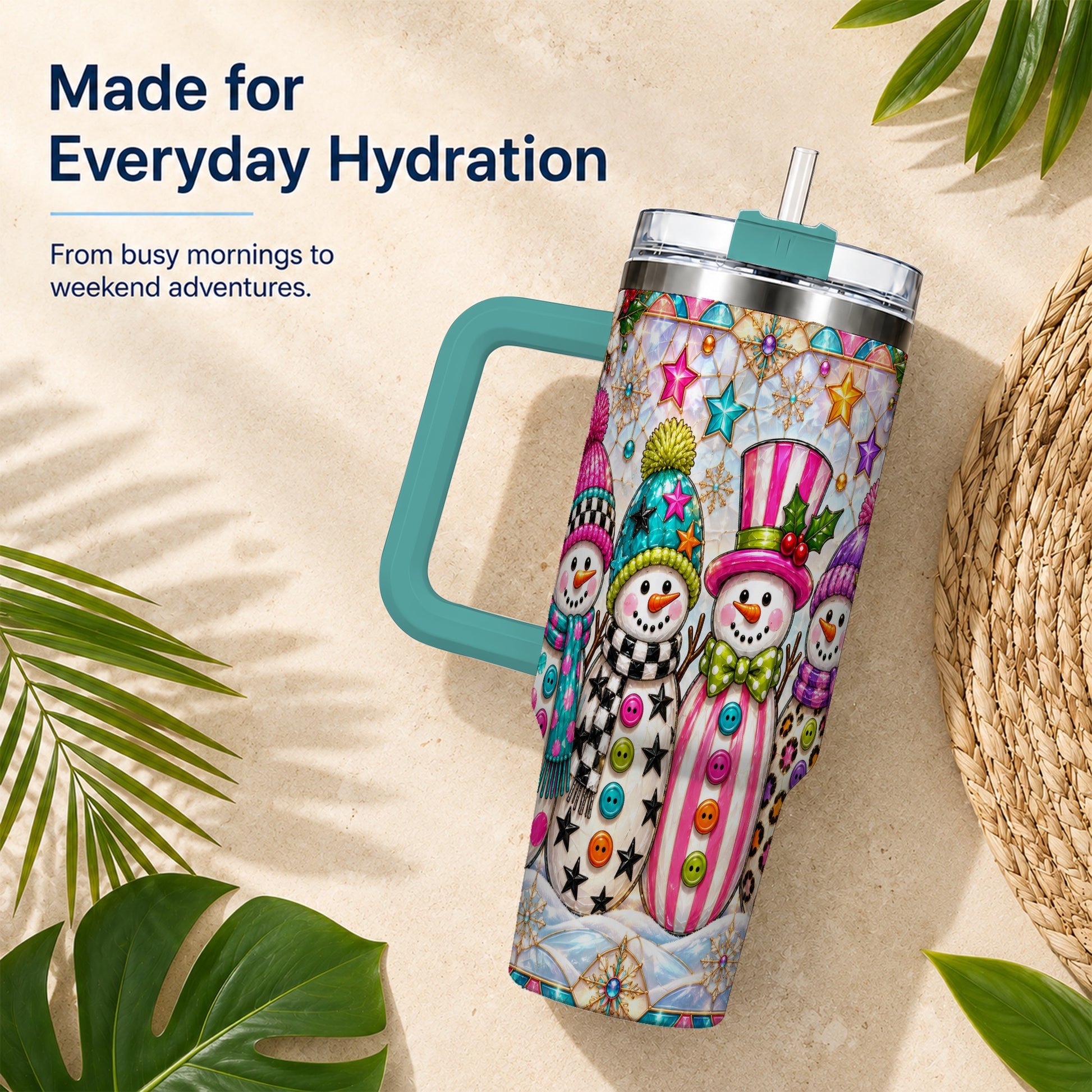 #pl[40oz|Green] Colorful Snowman 40oz Tumbler with Handle, Christmas Travel Cup