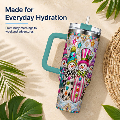 #pl[40oz|Green] Colorful Snowman 40oz Tumbler with Handle, Christmas Travel Cup
