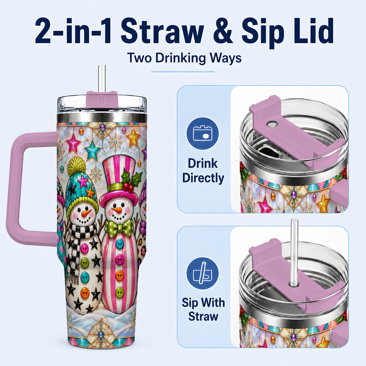 #pl[40oz|Pink] Colorful Snowman 40oz Tumbler with Handle, Christmas Travel Cup