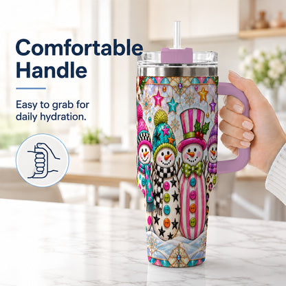 #pl[40oz|Pink] Colorful Snowman 40oz Tumbler with Handle, Christmas Travel Cup