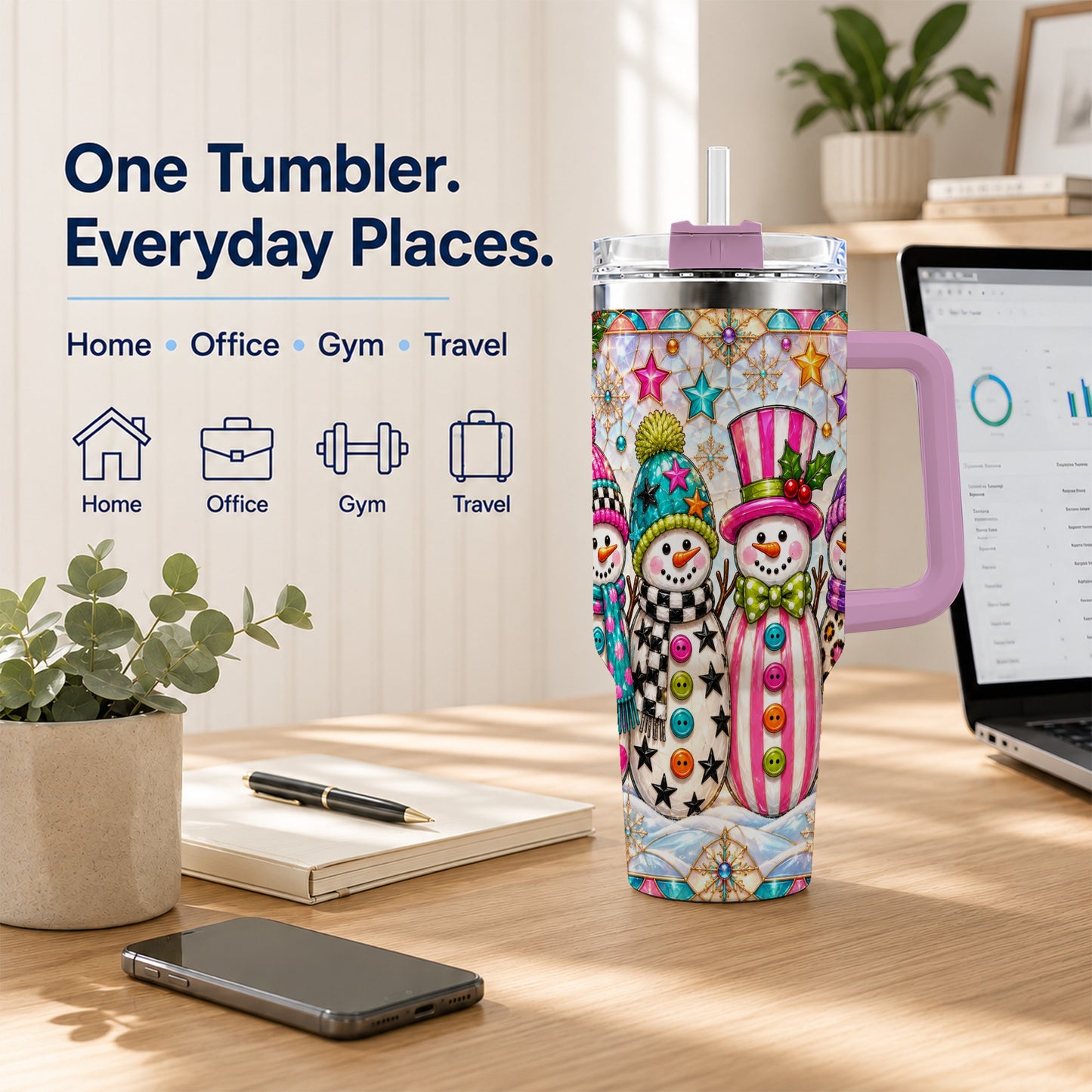 #pl[40oz|Pink] Colorful Snowman 40oz Tumbler with Handle, Christmas Travel Cup