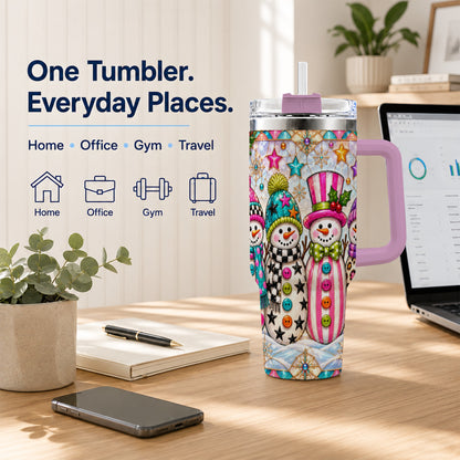 #pl[40oz|Pink] Colorful Snowman 40oz Tumbler with Handle, Christmas Travel Cup