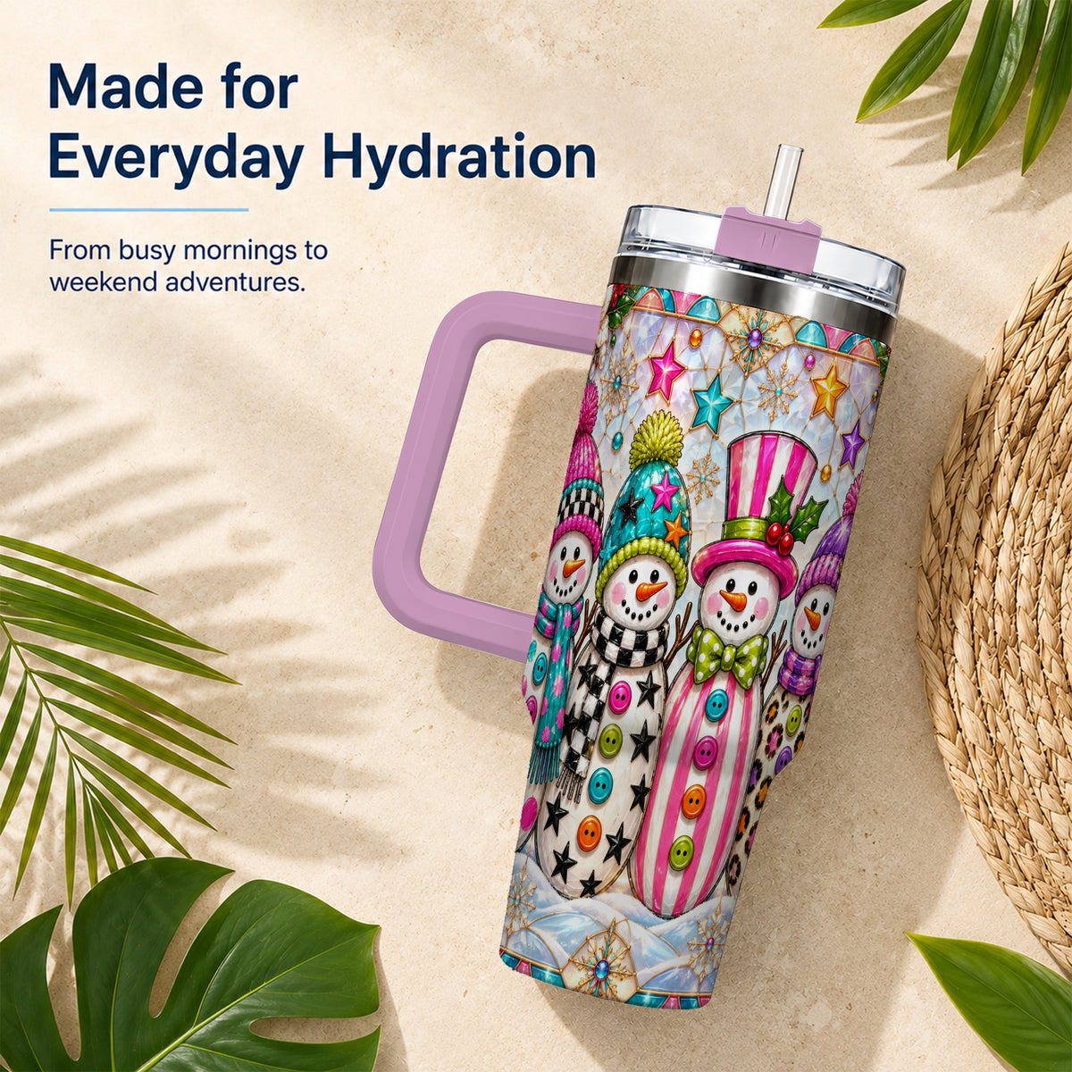 #pl[40oz|Pink] Colorful Snowman 40oz Tumbler with Handle, Christmas Travel Cup
