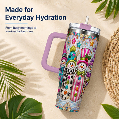 #pl[40oz|Pink] Colorful Snowman 40oz Tumbler with Handle, Christmas Travel Cup