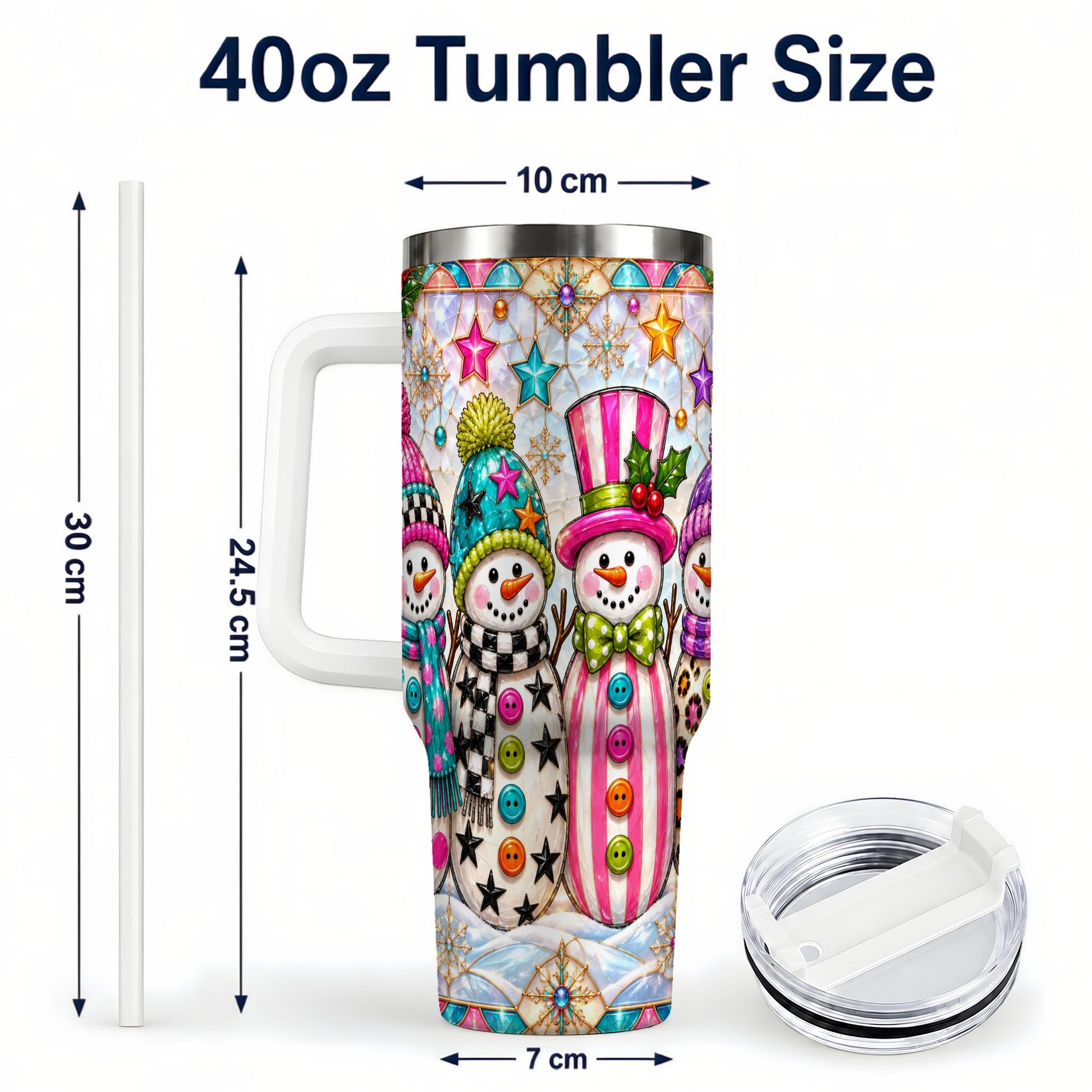 #pl[40oz|White] Colorful Snowman 40oz Tumbler with Handle, Christmas Travel Cup