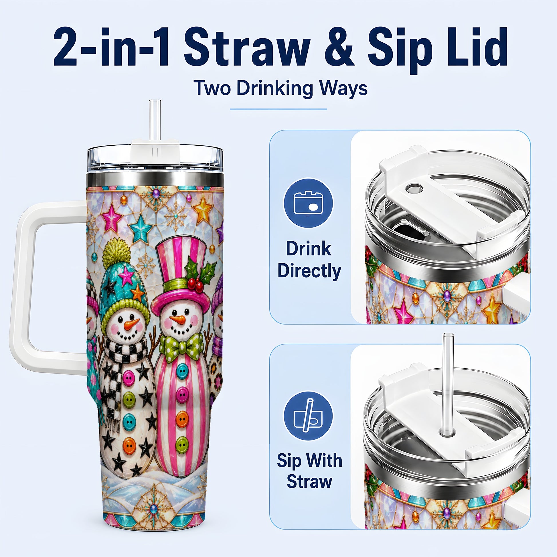#pl[40oz|White] Colorful Snowman 40oz Tumbler with Handle, Christmas Travel Cup