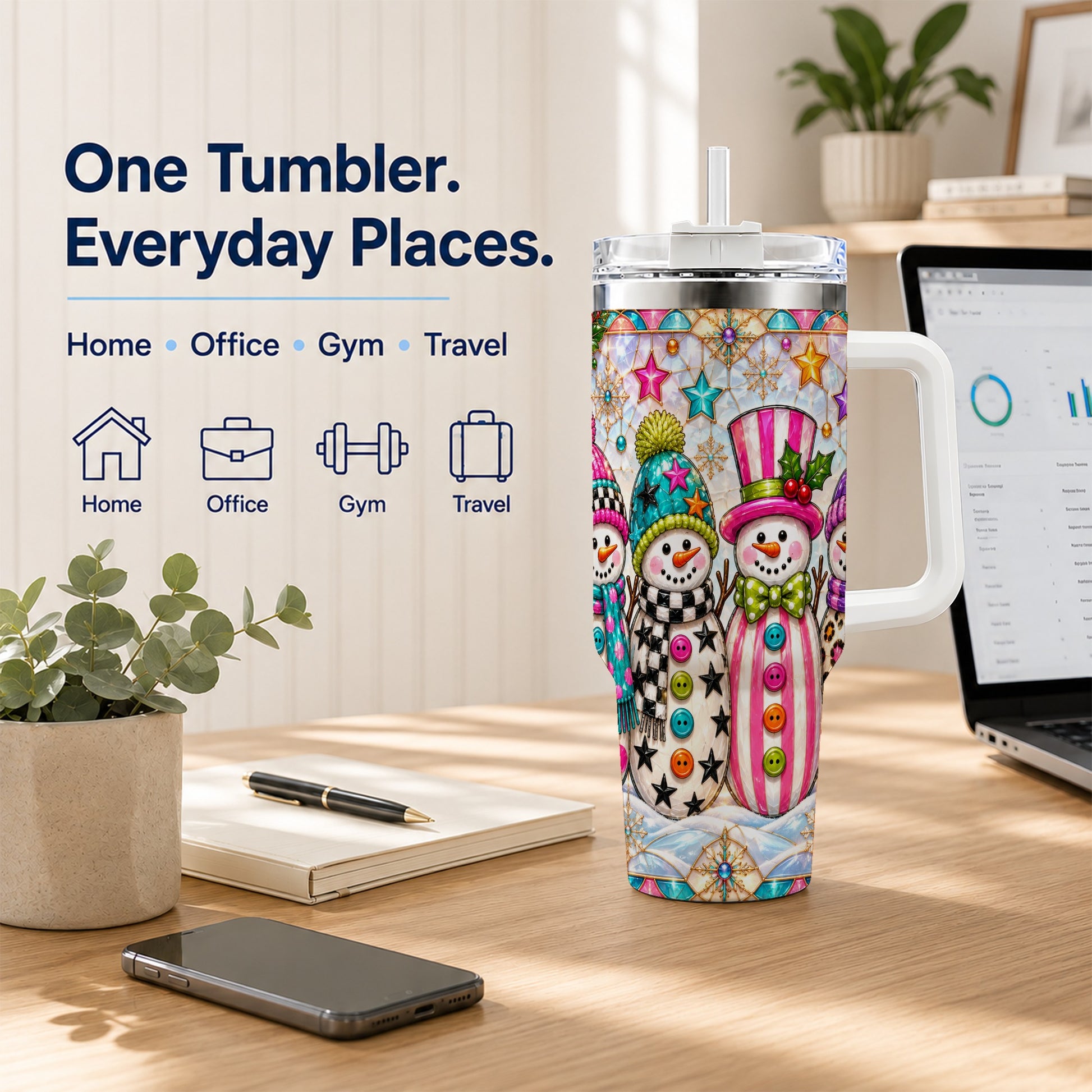 #pl[40oz|White] Colorful Snowman 40oz Tumbler with Handle, Christmas Travel Cup