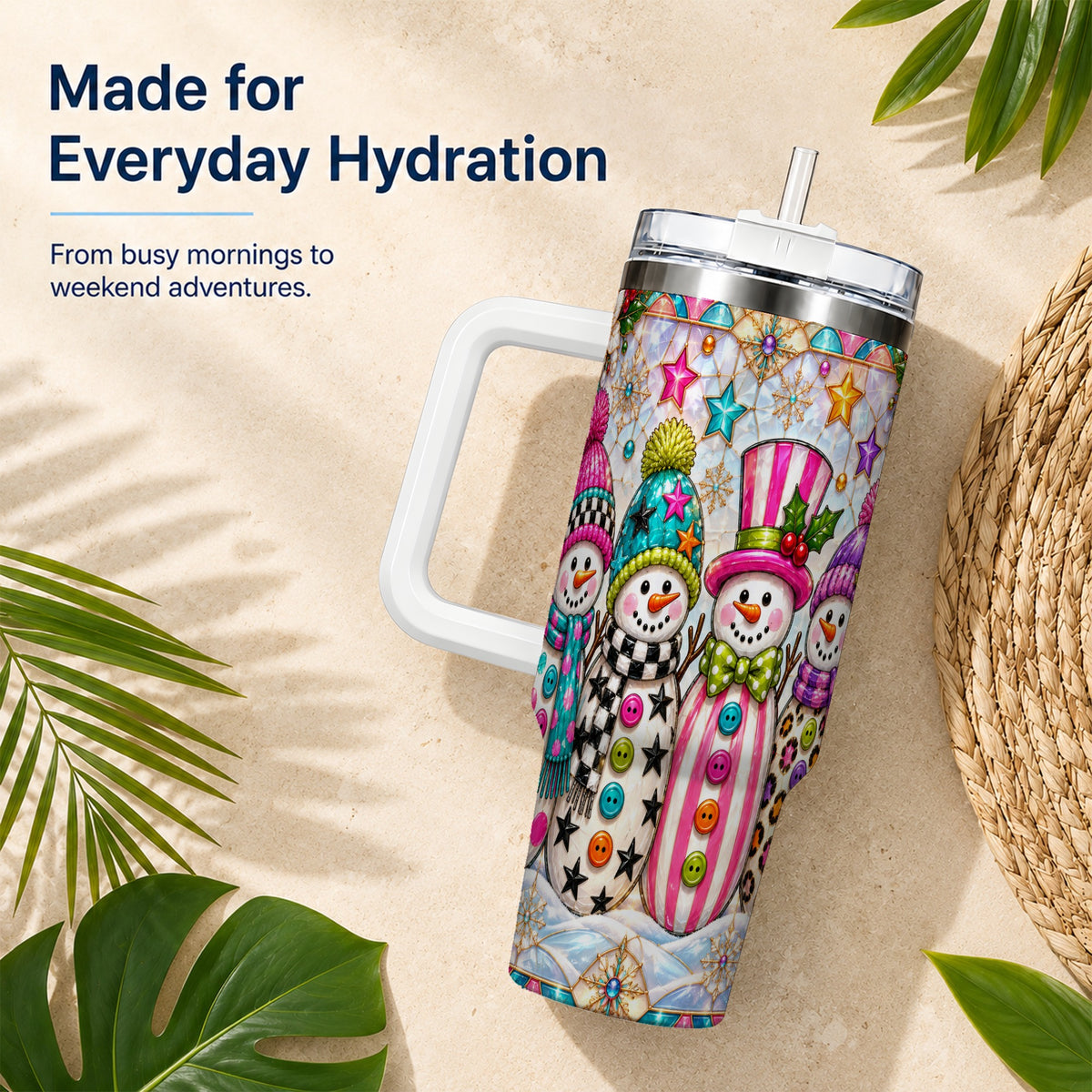 #pl[40oz|White] Colorful Snowman 40oz Tumbler with Handle, Christmas Travel Cup