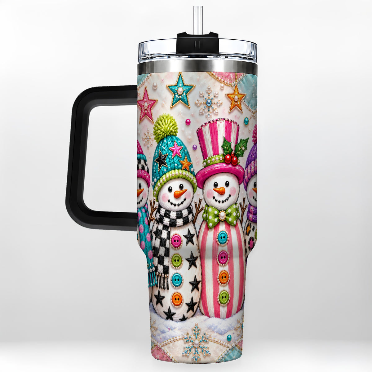 #pl[40oz|Black] Patchwork Snowman 40oz Tumbler with Handle, Christmas Travel Cup