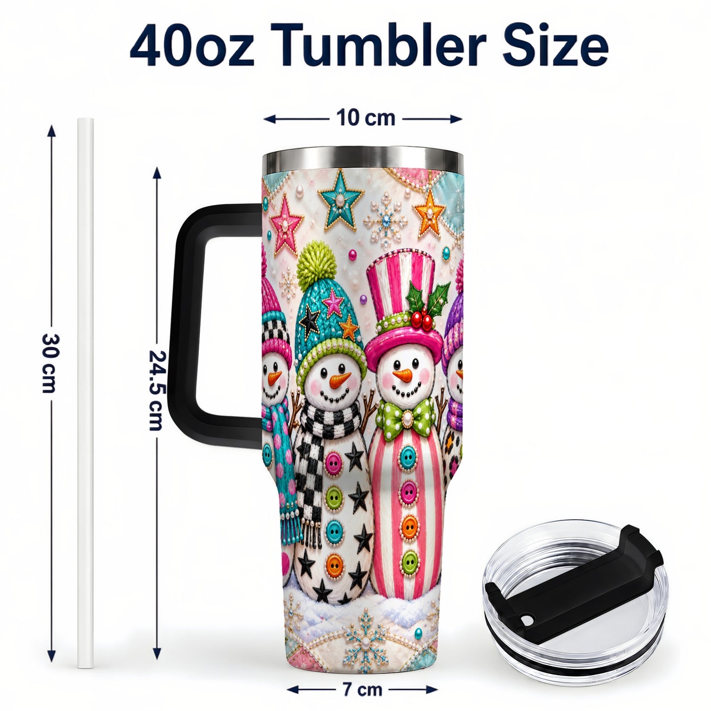 #pl[40oz|Black] Patchwork Snowman 40oz Tumbler with Handle, Christmas Travel Cup