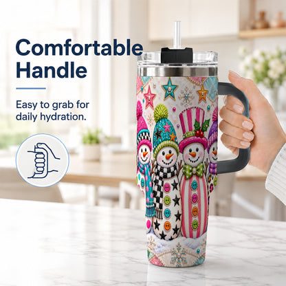 #pl[40oz|Black] Patchwork Snowman 40oz Tumbler with Handle, Christmas Travel Cup