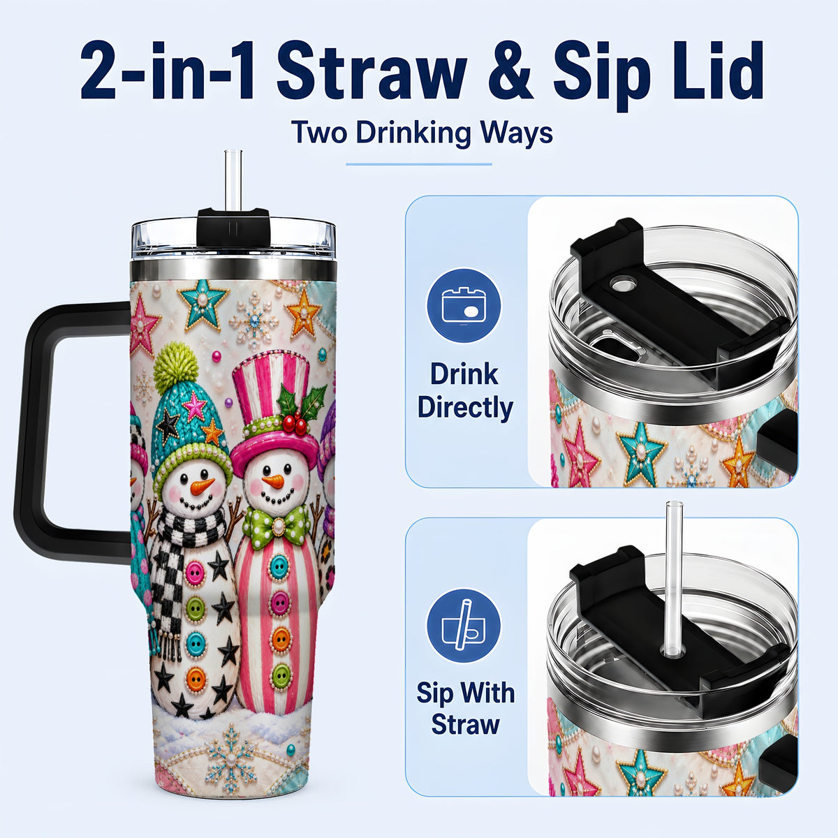 #pl[40oz|Black] Patchwork Snowman 40oz Tumbler with Handle, Christmas Travel Cup
