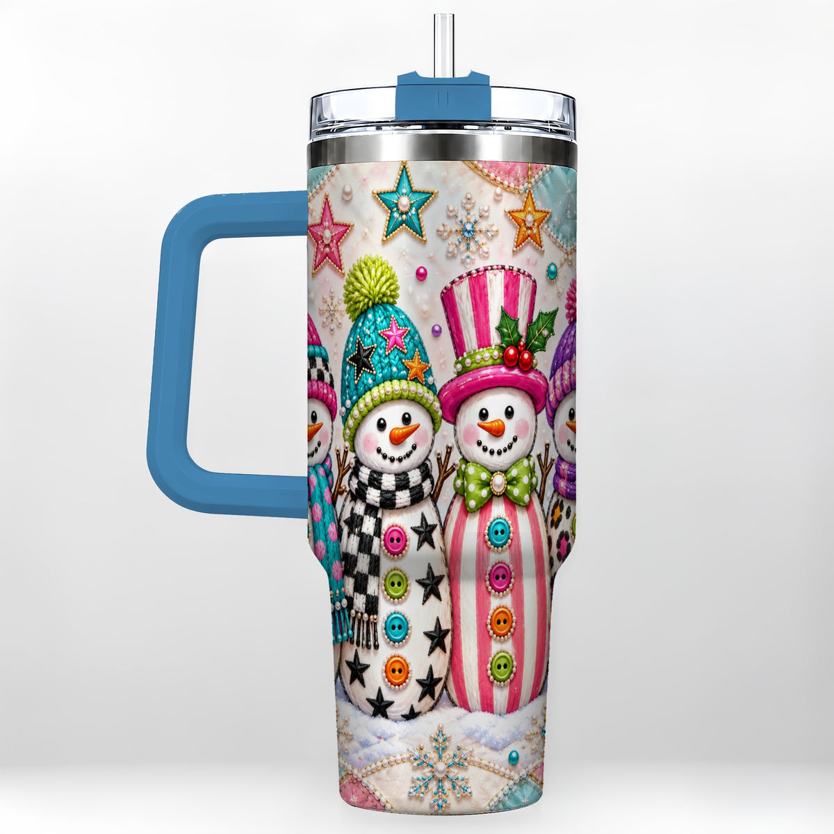 #pl[40oz|Blue] Patchwork Snowman 40oz Tumbler with Handle, Christmas Travel Cup