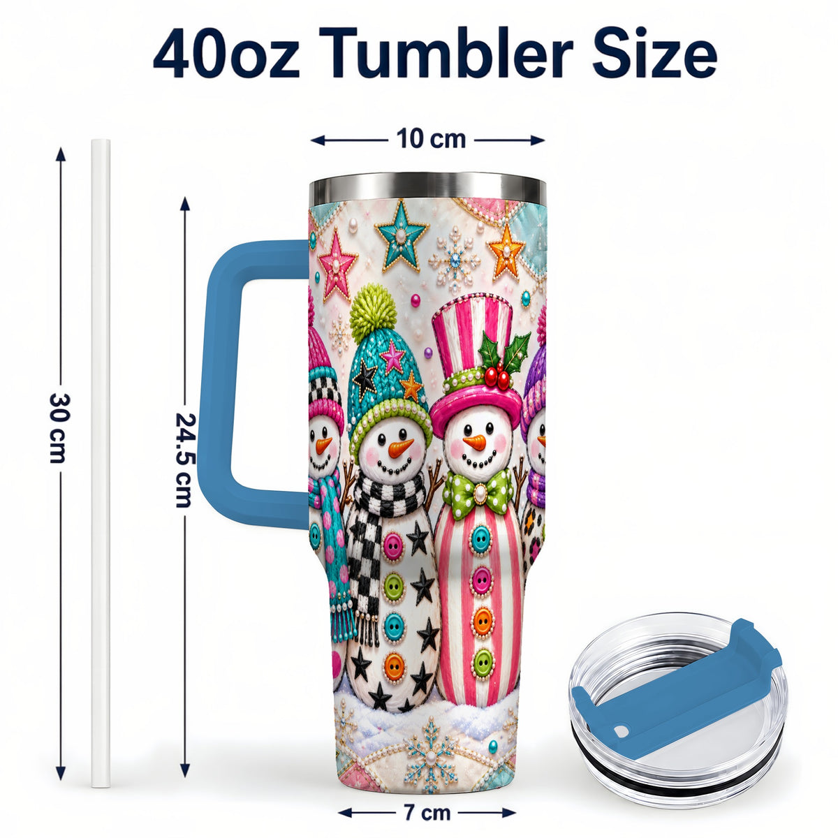#pl[40oz|Blue] Patchwork Snowman 40oz Tumbler with Handle, Christmas Travel Cup