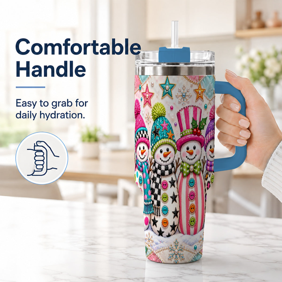 #pl[40oz|Blue] Patchwork Snowman 40oz Tumbler with Handle, Christmas Travel Cup