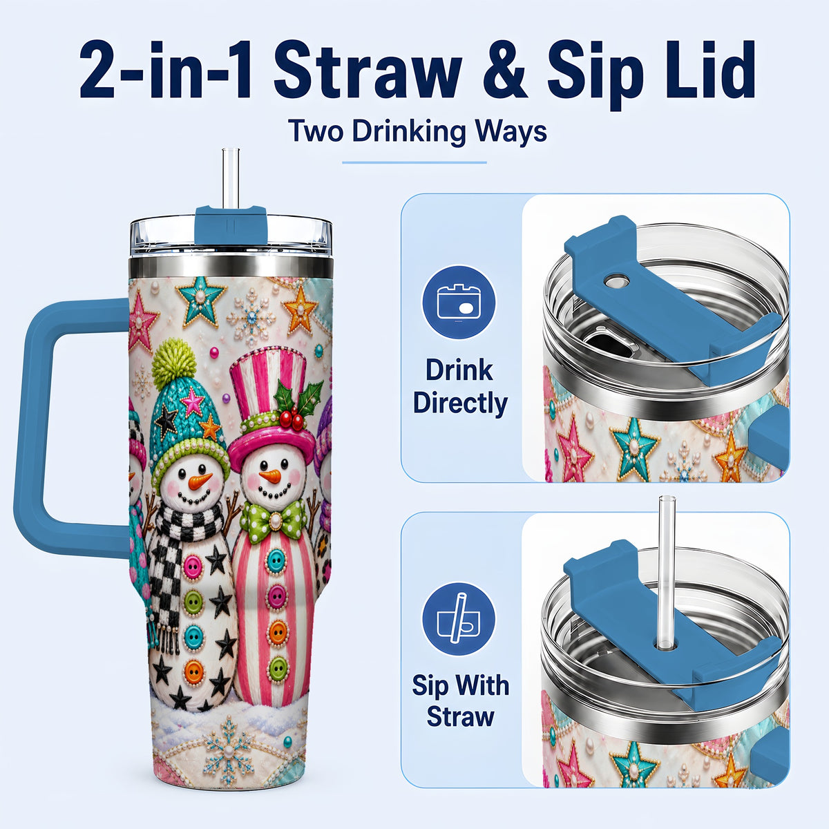 #pl[40oz|Blue] Patchwork Snowman 40oz Tumbler with Handle, Christmas Travel Cup