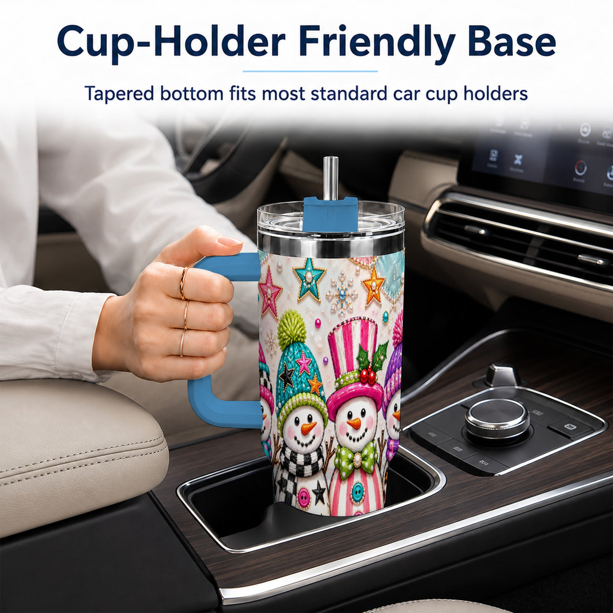 #pl[40oz|Blue] Patchwork Snowman 40oz Tumbler with Handle, Christmas Travel Cup