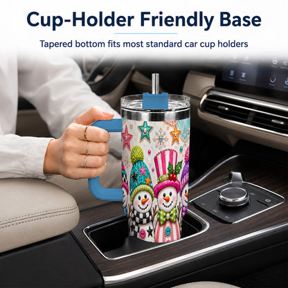 #pl[40oz|Blue] Patchwork Snowman 40oz Tumbler with Handle, Christmas Travel Cup