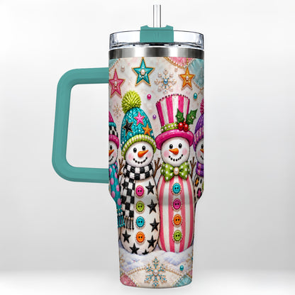 #pl[40oz|Green] Patchwork Snowman 40oz Tumbler with Handle, Christmas Travel Cup