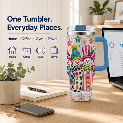 #pl[40oz|Blue] Patchwork Snowman 40oz Tumbler with Handle, Christmas Travel Cup