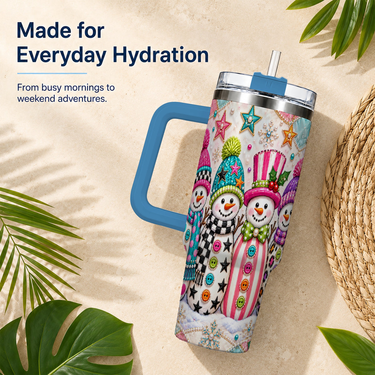 #pl[40oz|Blue] Patchwork Snowman 40oz Tumbler with Handle, Christmas Travel Cup