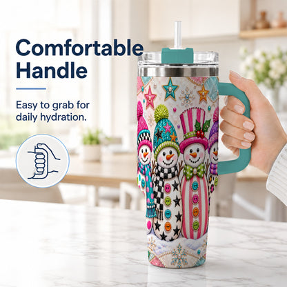#pl[40oz|Green] Patchwork Snowman 40oz Tumbler with Handle, Christmas Travel Cup
