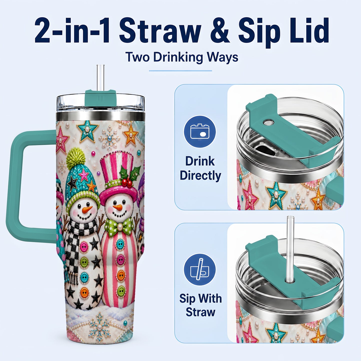 #pl[40oz|Green] Patchwork Snowman 40oz Tumbler with Handle, Christmas Travel Cup