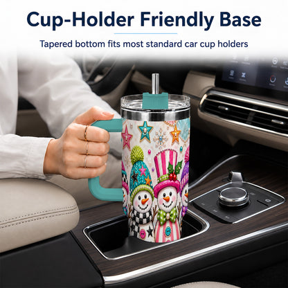 #pl[40oz|Green] Patchwork Snowman 40oz Tumbler with Handle, Christmas Travel Cup