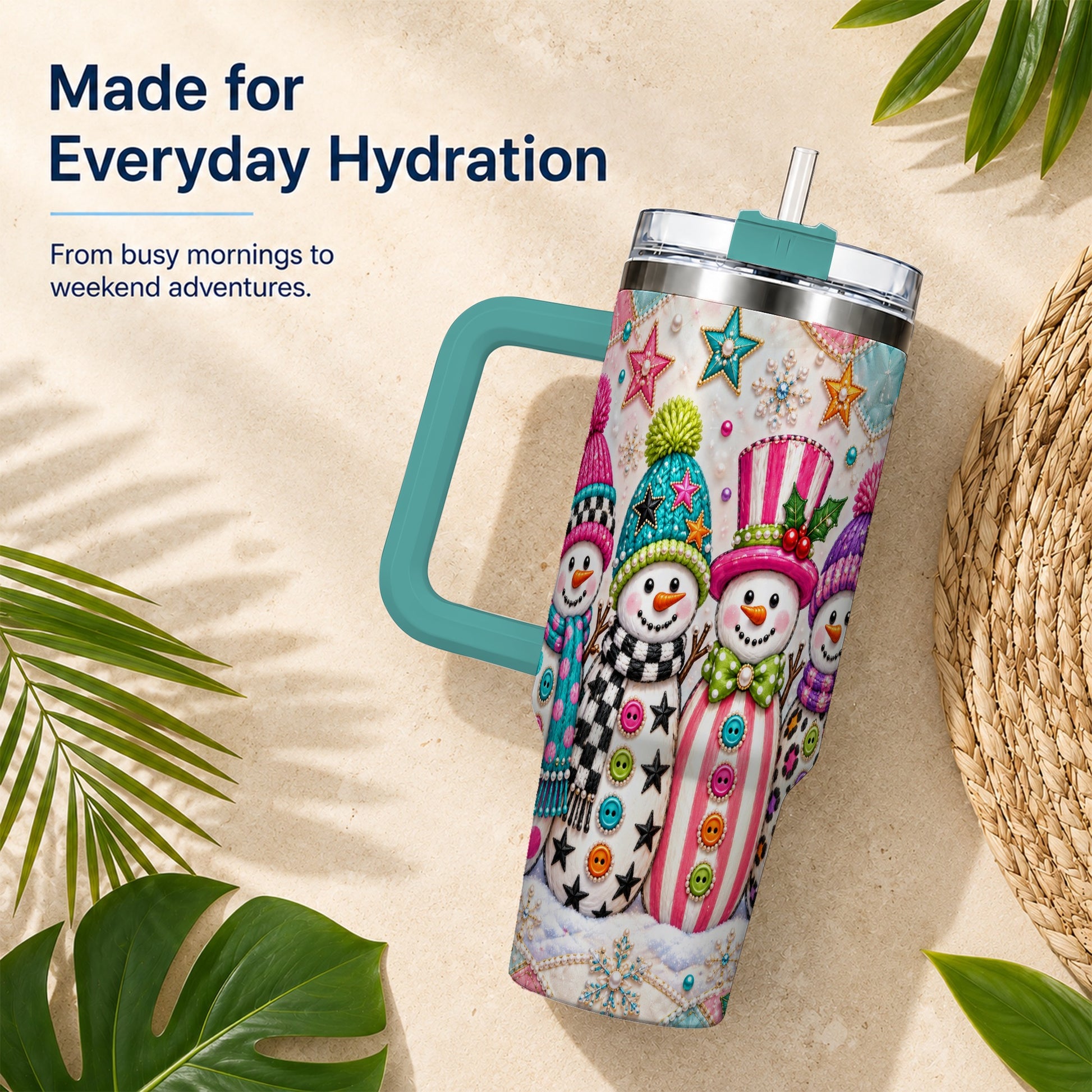 #pl[40oz|Green] Patchwork Snowman 40oz Tumbler with Handle, Christmas Travel Cup