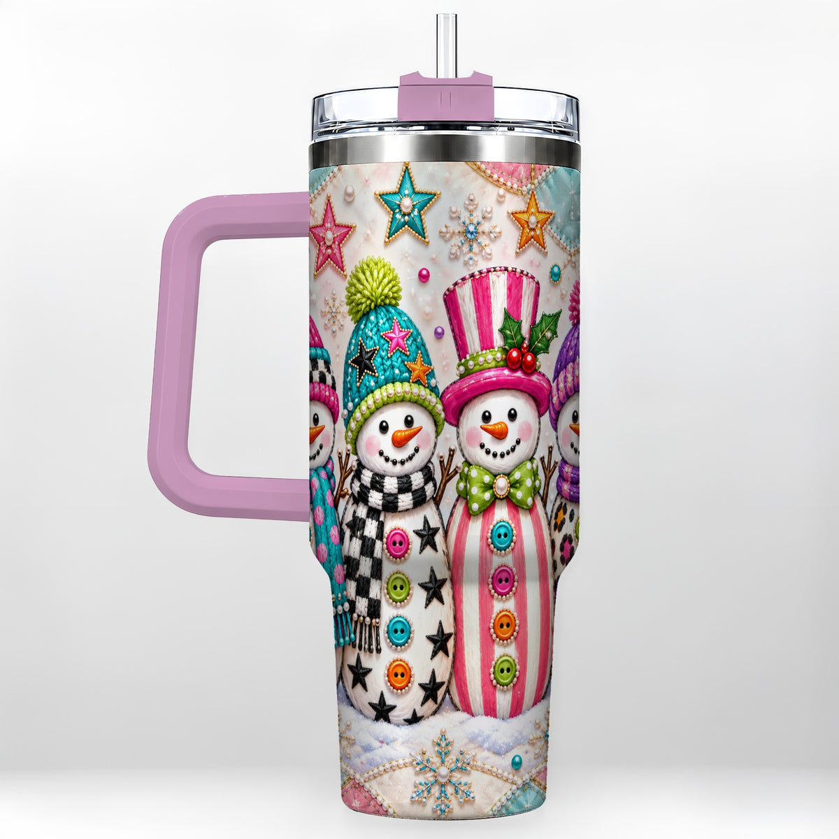 #pl[40oz|Pink] Patchwork Snowman 40oz Tumbler with Handle, Christmas Travel Cup