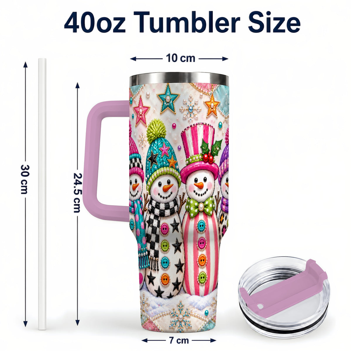#pl[40oz|Pink] Patchwork Snowman 40oz Tumbler with Handle, Christmas Travel Cup