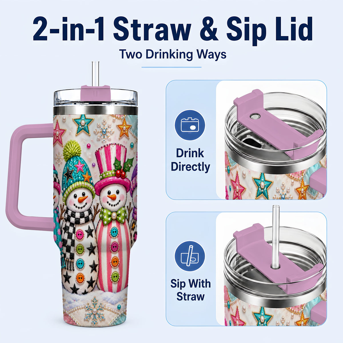 #pl[40oz|Pink] Patchwork Snowman 40oz Tumbler with Handle, Christmas Travel Cup