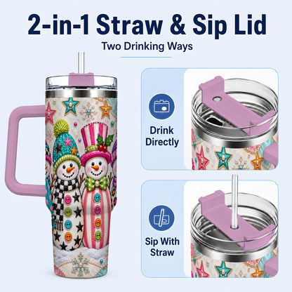 #pl[40oz|Pink] Patchwork Snowman 40oz Tumbler with Handle, Christmas Travel Cup