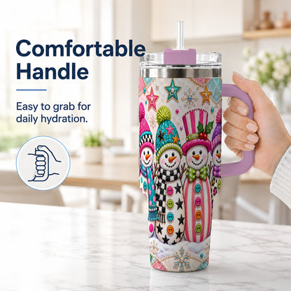 #pl[40oz|Pink] Patchwork Snowman 40oz Tumbler with Handle, Christmas Travel Cup