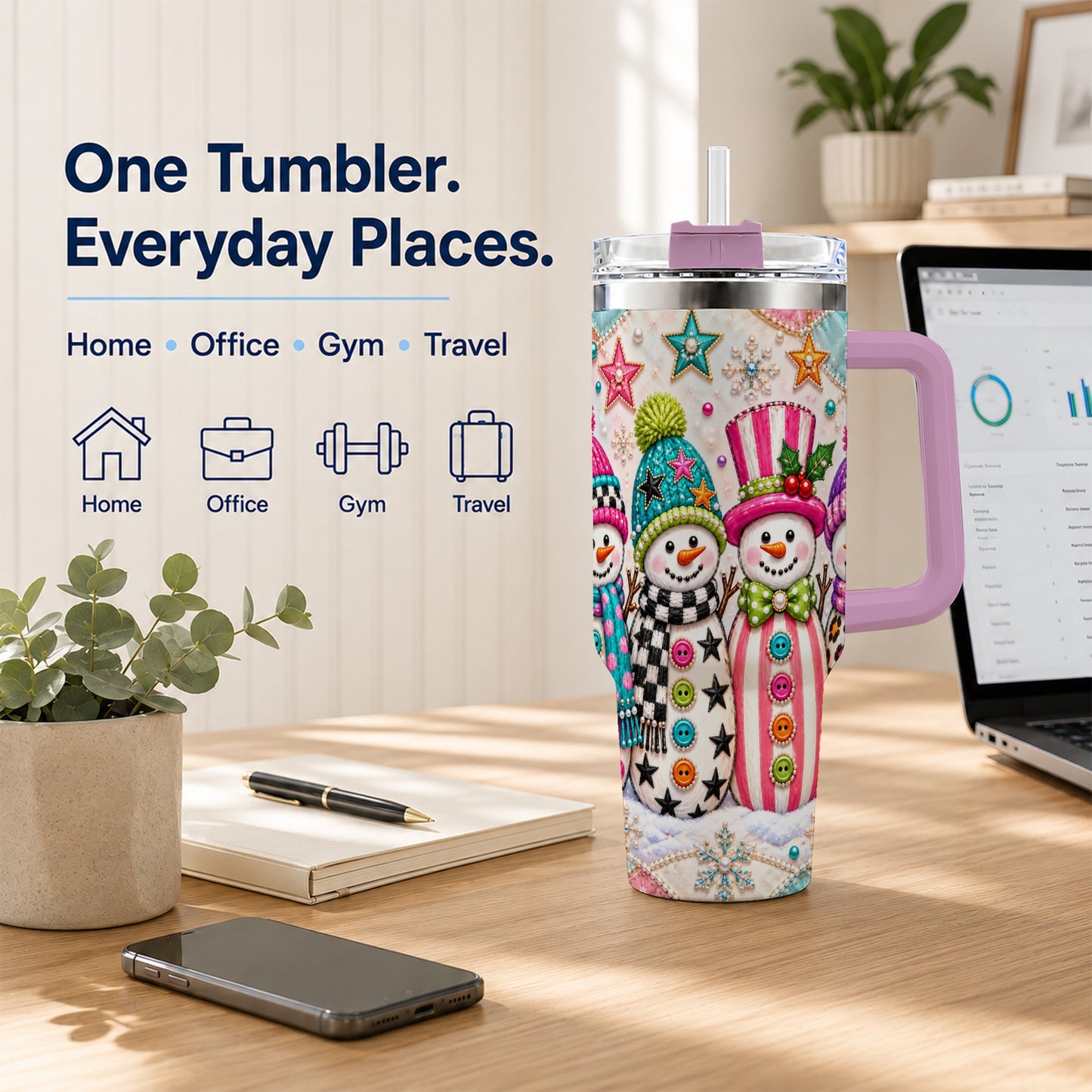 #pl[40oz|Pink] Patchwork Snowman 40oz Tumbler with Handle, Christmas Travel Cup