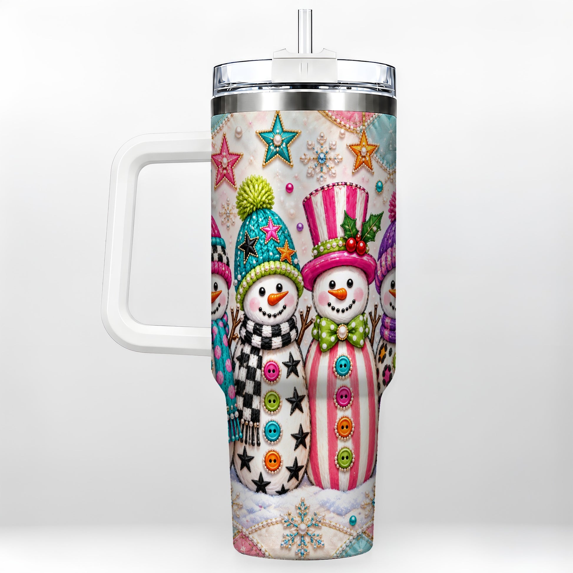 Patchwork Snowman 40oz Tumbler with Handle, Christmas Travel Cup