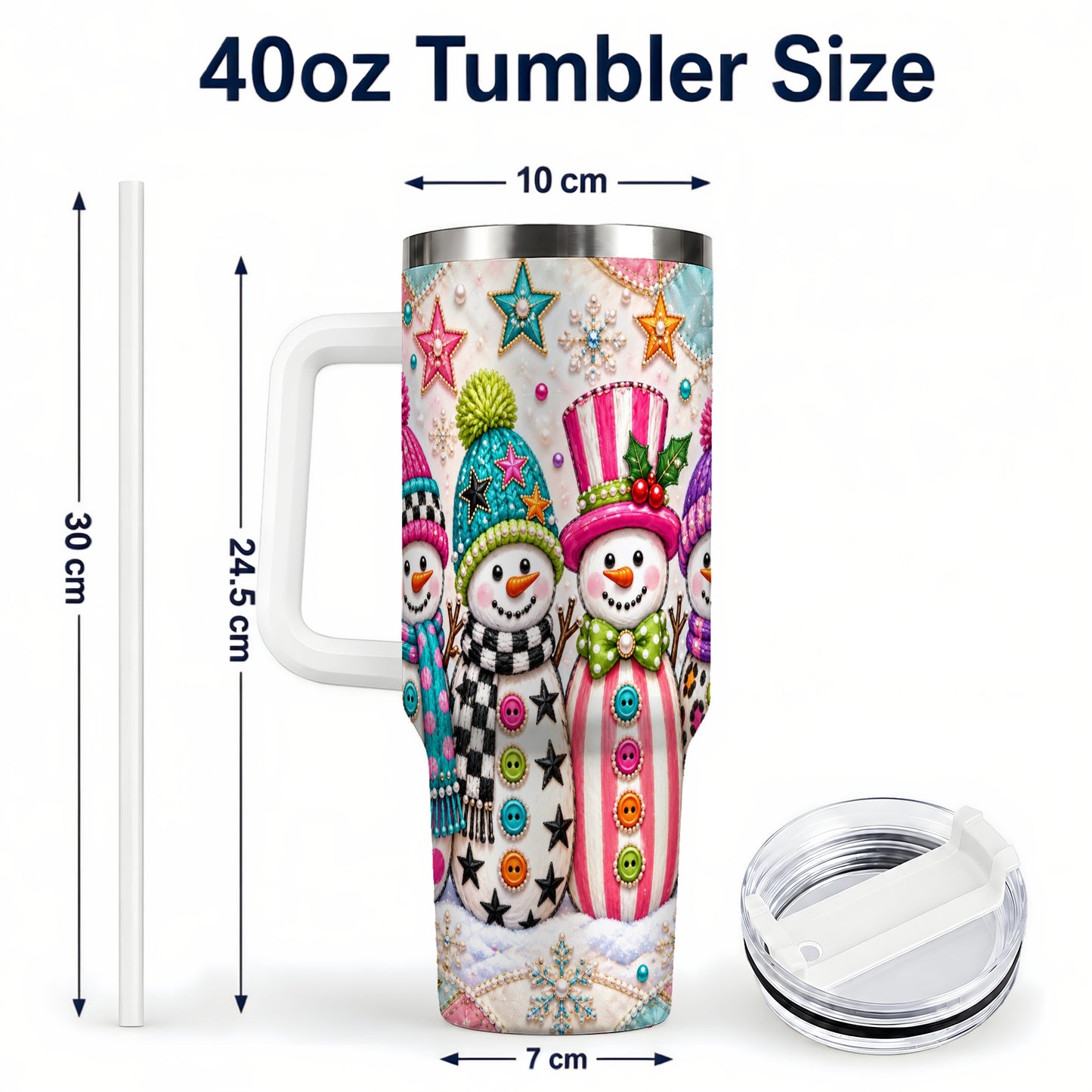 #pl[40oz|White] Patchwork Snowman 40oz Tumbler with Handle, Christmas Travel Cup