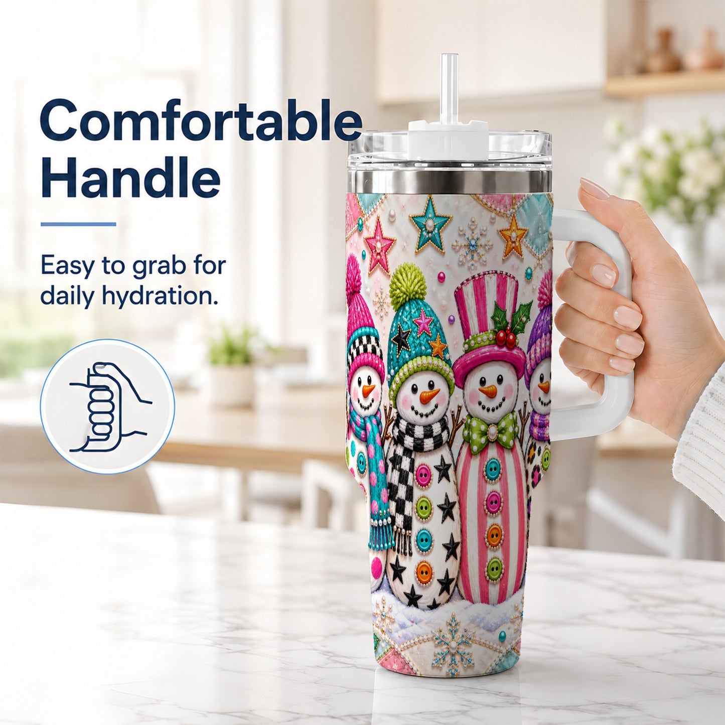 #pl[40oz|White] Patchwork Snowman 40oz Tumbler with Handle, Christmas Travel Cup