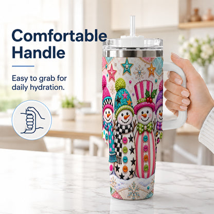 #pl[40oz|White] Patchwork Snowman 40oz Tumbler with Handle, Christmas Travel Cup