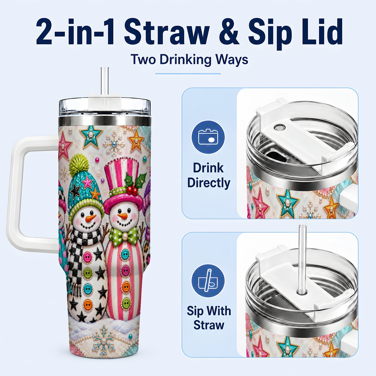 #pl[40oz|White] Patchwork Snowman 40oz Tumbler with Handle, Christmas Travel Cup